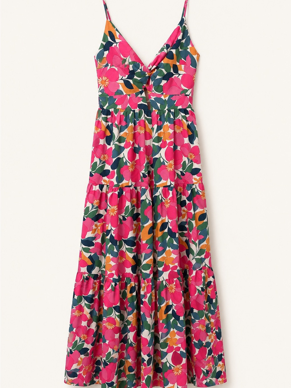 Entro Pink Floral Twist Front Cutout Tiered Maxi Dress L